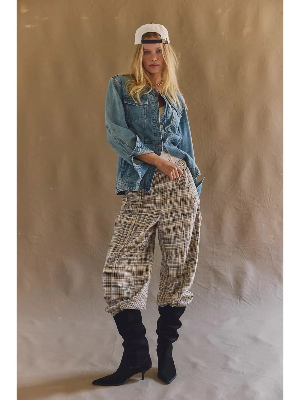 Free People Grunge 90s Bohemian Nice Choice Plaid Pull On Barrel Pants Large NWT